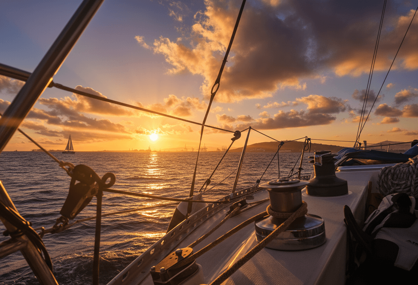 Puesta de sol sobre el mar desde la cubierta del velero Barcelona