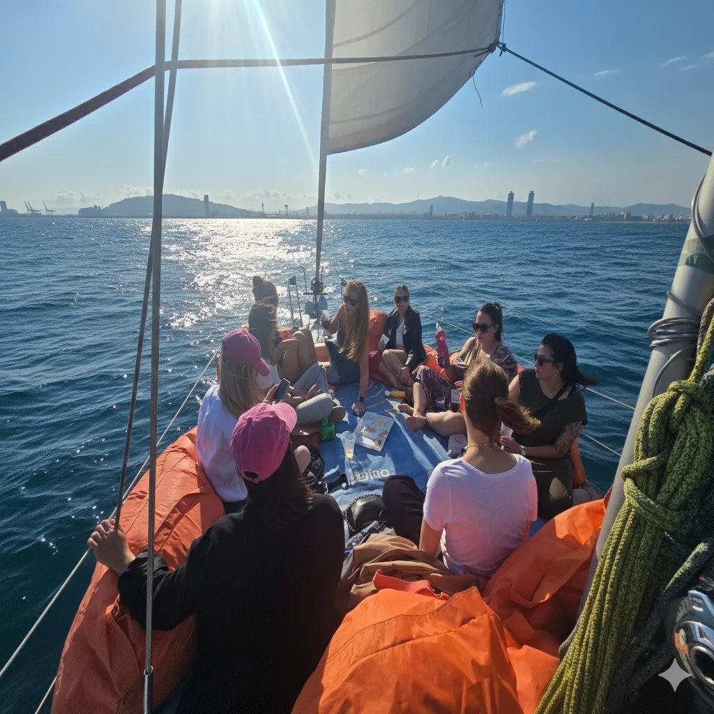 Sailing Taster 1 hora Barcelona - grupo navegando con skyline al fondo