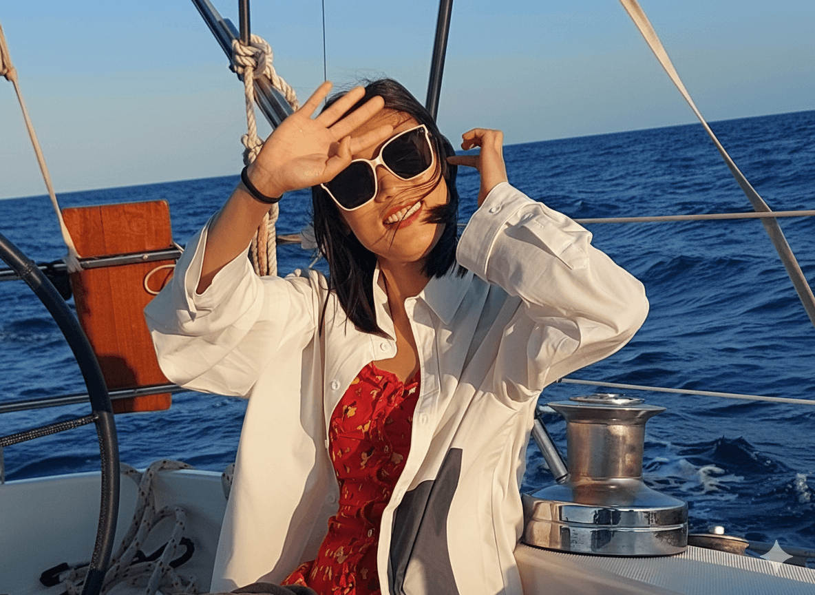 Sonrisa a bordo del velero privado Barcelona — despedida